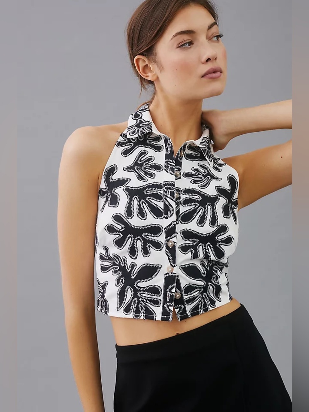 Anthropologie Pilcro M Deco Halter Top Black White Applique Cropped Button Shirt
